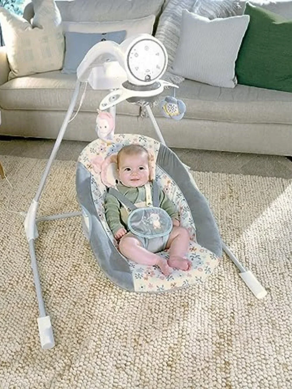 Baby Swing Gray Pink Rotating Seat 5 Speeds 20 Melodies